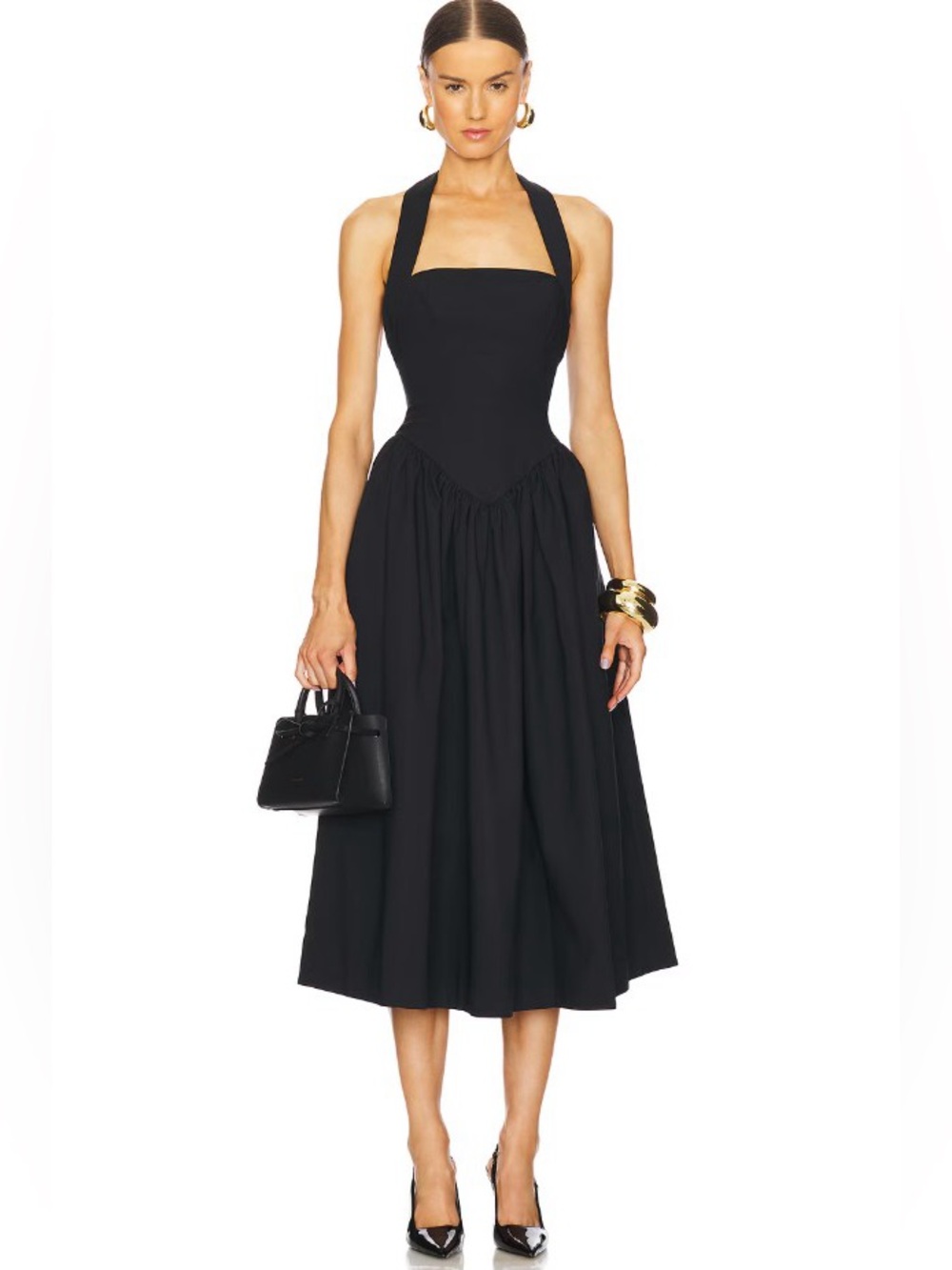 Helsa Faille Black Halter Open Back Basque Waist Corset Midi Dress NWOT